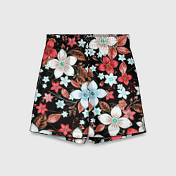 Шорты детские Красно-белые цветы на чёрном фоне, цвет: 3D-принт