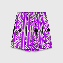 Шорты детские Бело-фиолетовые техно полосы на чёрном фоне, цвет: 3D-принт