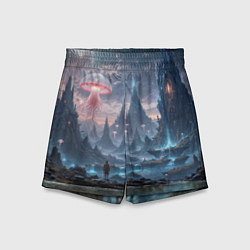 Шорты детские Фантастический мир с медузами и озеро у гор, цвет: 3D-принт