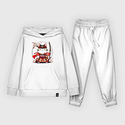 Костюм хлопковый детский Кот самурай на фоне луны, цвет: белый