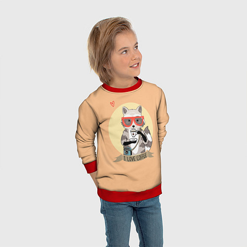 Детский свитшот Raccoon Love Coffee / 3D-Красный – фото 3