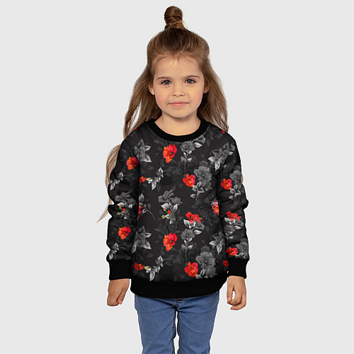 Детский свитшот Красные цветы / 3D-Черный – фото 4