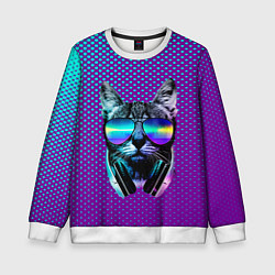 Свитшот детский Кот очки наушники модный, цвет: 3D-белый