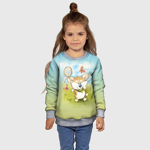 Детский свитшот Корги и бабочка / 3D-Меланж – фото 4