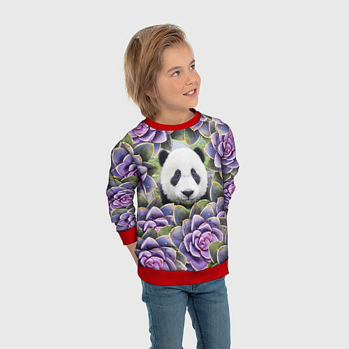 Детский свитшот Панда среди цветов / 3D-Красный – фото 3
