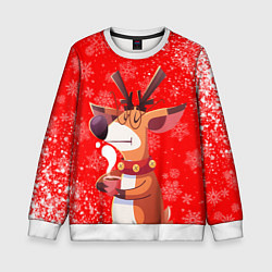 Свитшот детский НОВОГОДНИЙ ОЛЕНЬ И ЧАШКА КОФЕ, цвет: 3D-белый