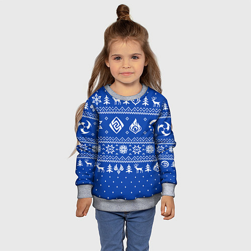 Детский свитшот НОВОГОДНИЙ СВИТЕР GENSHIN IMPACT СИНИЙ / 3D-Меланж – фото 4