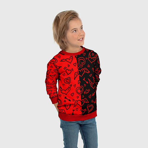 Детский свитшот Черно-Красные сердца с крылышками / 3D-Красный – фото 3