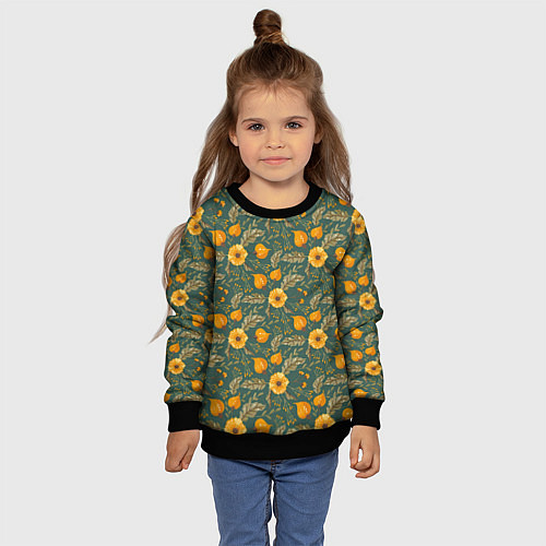 Детский свитшот Желтые цветочки и листья / 3D-Черный – фото 4