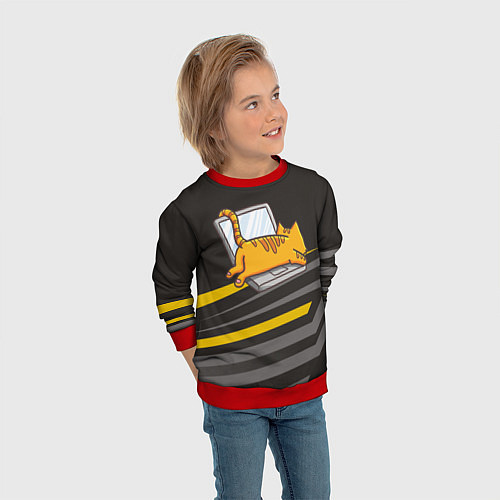 Детский свитшот Котик лежит на ноутбуке / 3D-Красный – фото 3