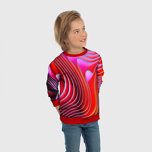 Детский свитшот Разноцветные неоновые полосы Волна Multicolored ne / 3D-Красный – фото 3