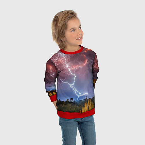 Детский свитшот Грозовые разряды молний над лесом / 3D-Красный – фото 3