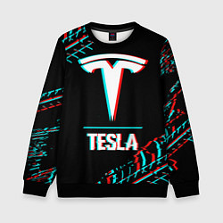 Детский свитшот Значок Tesla в стиле Glitch на темном фоне