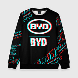 Свитшот детский Значок BYD в стиле glitch на темном фоне, цвет: 3D-черный