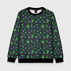 Свитшот детский Зеленые листья и веточки на темном фоне, цвет: 3D-черный