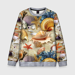 Свитшот детский Морские раковины, кораллы, морские звёзды на песке, цвет: 3D-меланж