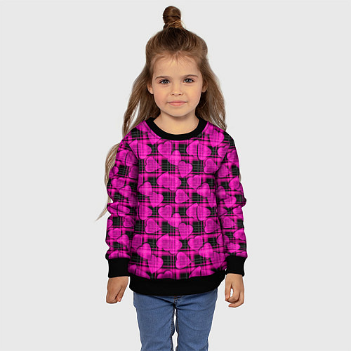 Детский свитшот Black and pink hearts pattern on checkered / 3D-Черный – фото 4