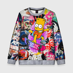 Свитшот детский Скейтбордист Барт Симпсон на фоне стены с граффити, цвет: 3D-меланж