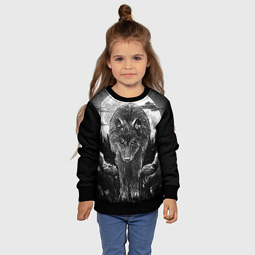 Детский свитшот Волк на фоне луны - рисунок карандашом / 3D-Черный – фото 4