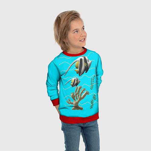 Детский свитшот Подводный мир рыбки кораллы / 3D-Красный – фото 3