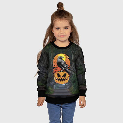 Детский свитшот Ворон, сидящий на тыкве - Halloween / 3D-Черный – фото 4
