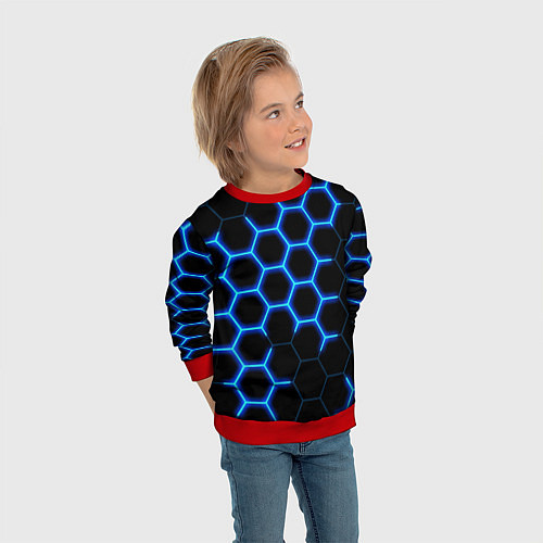 Детский свитшот Соты на синем неоновом фоне / 3D-Красный – фото 3