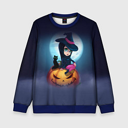 Свитшот детский Маленькая прикольная ведьмочка с милым котёнком, цвет: 3D-синий