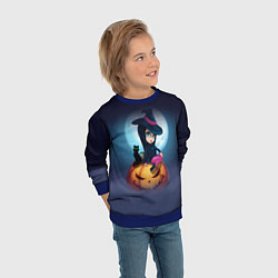 Свитшот детский Маленькая прикольная ведьмочка с милым котёнком, цвет: 3D-синий — фото 2