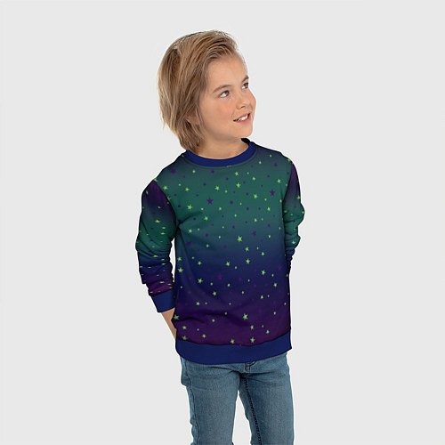 Детский свитшот Неоновые зеленые и сиреневые звезды на темно зелен / 3D-Синий – фото 3