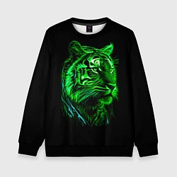Свитшот детский Нейросеть: неоновый зелёный тигр, цвет: 3D-черный