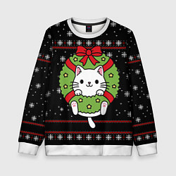 Свитшот детский Рождественский венок с котиком, цвет: 3D-белый