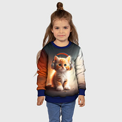 Свитшот детский Милый рыжий котёнок в наушниках, цвет: 3D-синий — фото 2