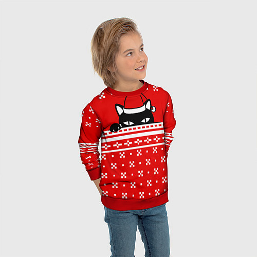 Детский свитшот Выглядывающий котик - красный свитер / 3D-Красный – фото 3