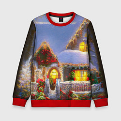 Свитшот детский Украшенный новогодний коттедж и снежные сугробы, цвет: 3D-красный