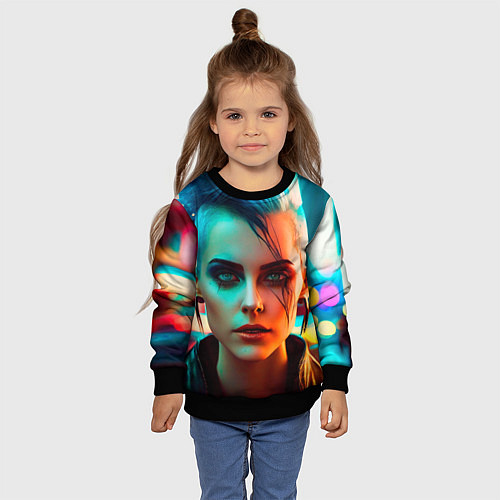 Детский свитшот Нейросеть - девушка в стиле киберпанк / 3D-Черный – фото 4