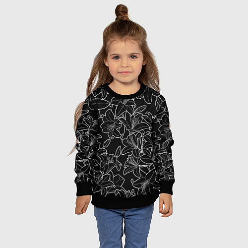 Детский свитшот Нежные цветы - лилии: черно белыи / 3D-Черный – фото 4