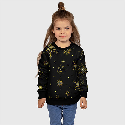 Детский свитшот Золотые снежинки на темном фоне / 3D-Черный – фото 4