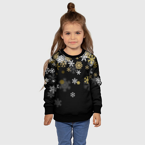 Детский свитшот Золотые и белые снежинки / 3D-Черный – фото 4
