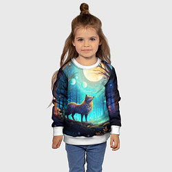 Свитшот детский Волк в ночном лесу в folk art стиле, цвет: 3D-белый — фото 2
