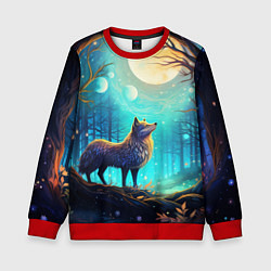 Свитшот детский Волк в ночном лесу в folk art стиле, цвет: 3D-красный