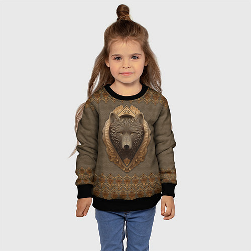 Детский свитшот Волк объёмный барельеф с этническим орнаментом / 3D-Черный – фото 4
