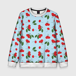 Свитшот детский Узор из ягод вишни на голубом фоне, цвет: 3D-белый