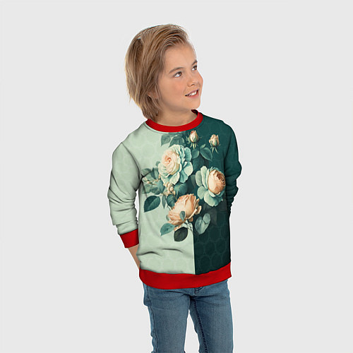 Детский свитшот Розы на зеленом фоне / 3D-Красный – фото 3