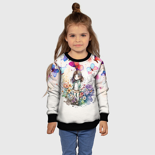 Детский свитшот Девочка среди цветов / 3D-Черный – фото 4