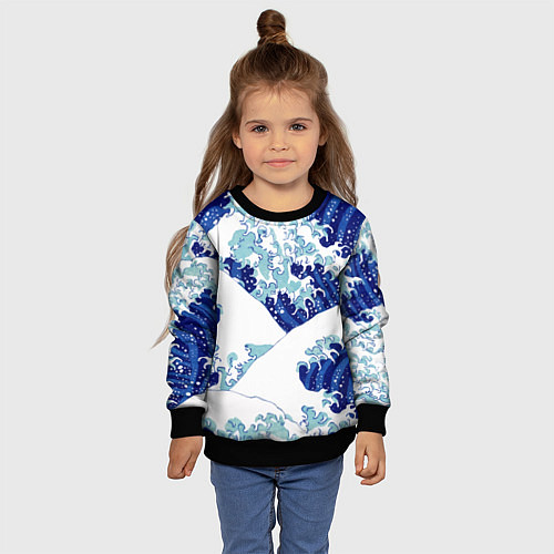 Детский свитшот Японская графика - волна - паттерн / 3D-Черный – фото 4