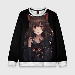 Свитшот детский Девушка с черной кошкой, цвет: 3D-белый