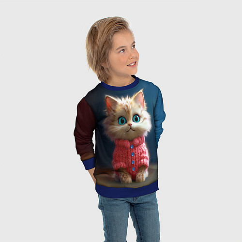 Детский свитшот Котик в розовом свитере / 3D-Синий – фото 3