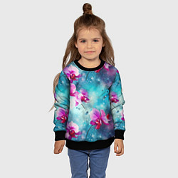 Свитшот детский Розовые орхидеи на бирюзовом - паттерн акварель, цвет: 3D-черный — фото 2