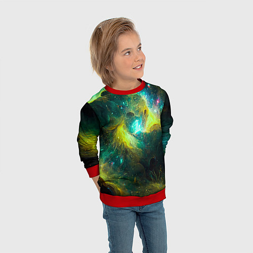 Детский свитшот Небула в космосе в зеленых тонах - нейронная сеть / 3D-Красный – фото 3