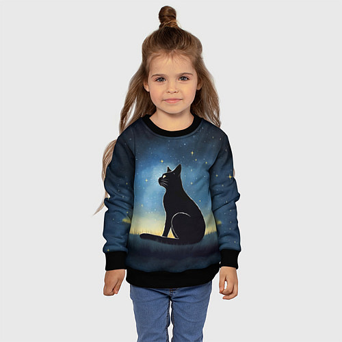 Детский свитшот Черный кот и звезды - акварель / 3D-Черный – фото 4
